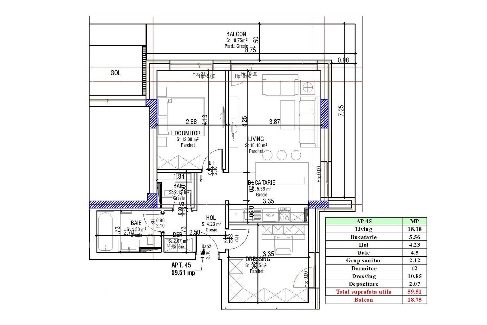 Apartament 2.5 Camere Sala Polivalentă | 59 mp Util + 18 mp Balcon
