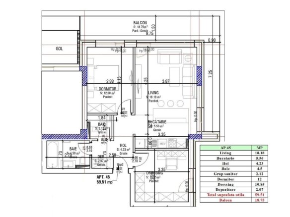 Apartament 2.5 Camere Sala Polivalentă | 59 mp Util + 18 mp Balcon