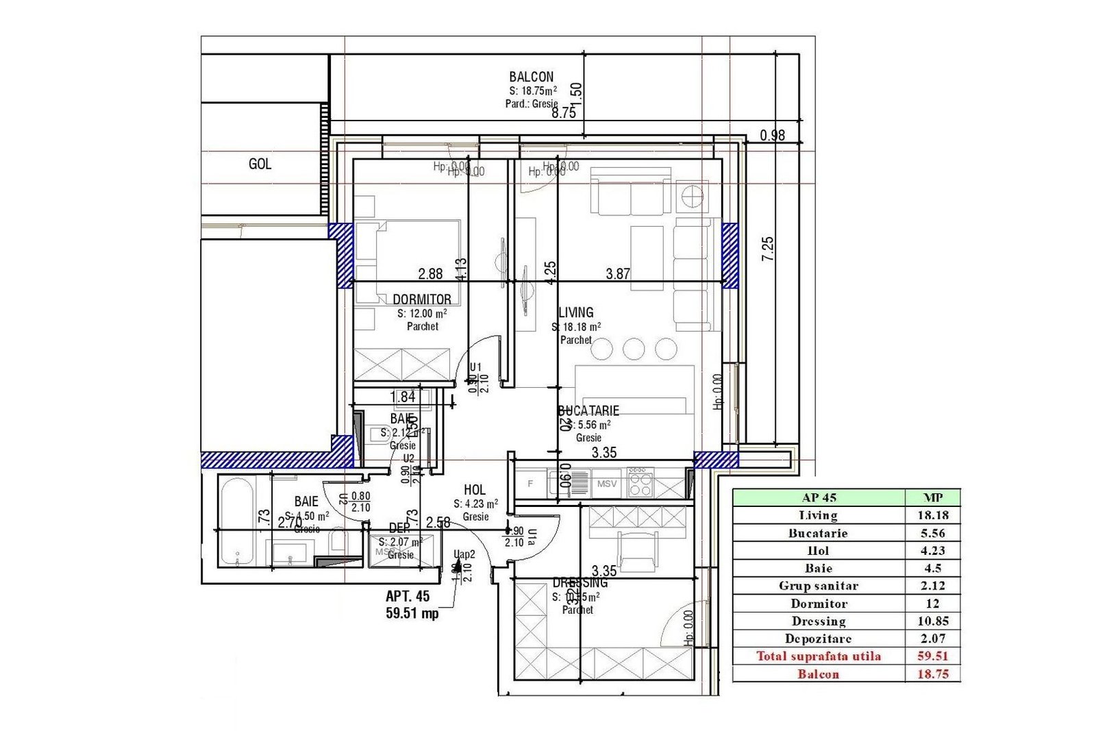 Apartament 2.5 Camere Sala Polivalentă | 59 mp Util + 18 mp Balcon